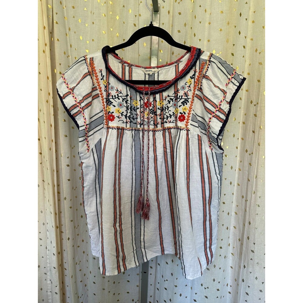 Rocks & Indigo 100% Cotton Embroidered Floral Stripe Lace Tassel Bohemian Top XL